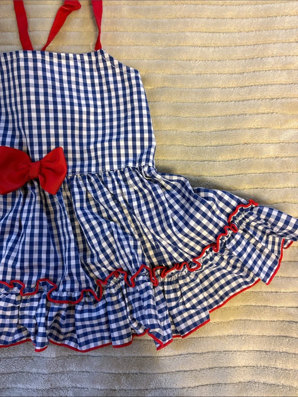 Blue Gingham Dog Dress with Red Trim and Bow